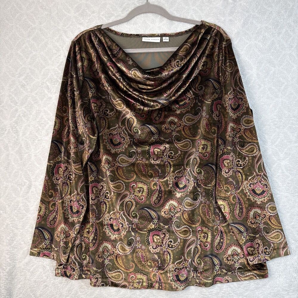 Susan Graver Cowl Neck Tunic Womens 1X Green Paisley Velvet Whimsigoth Boho Top